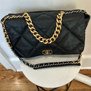 Chanel Black Quilted Lambskin / Large Chanel 19 Flap Gold /Ruitenium Hardware